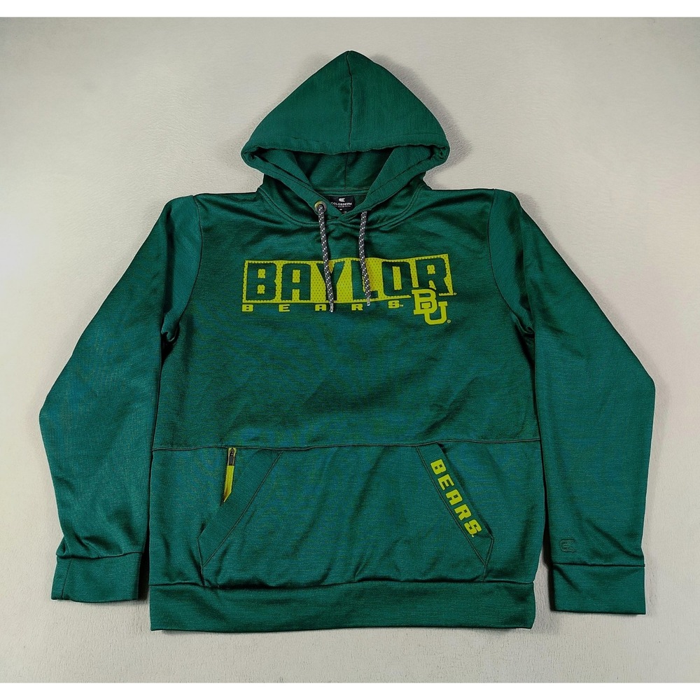 Colosseum Mens M Baylor Bears Green Yellow Pullover Hoodie Polyester Zip Pocket